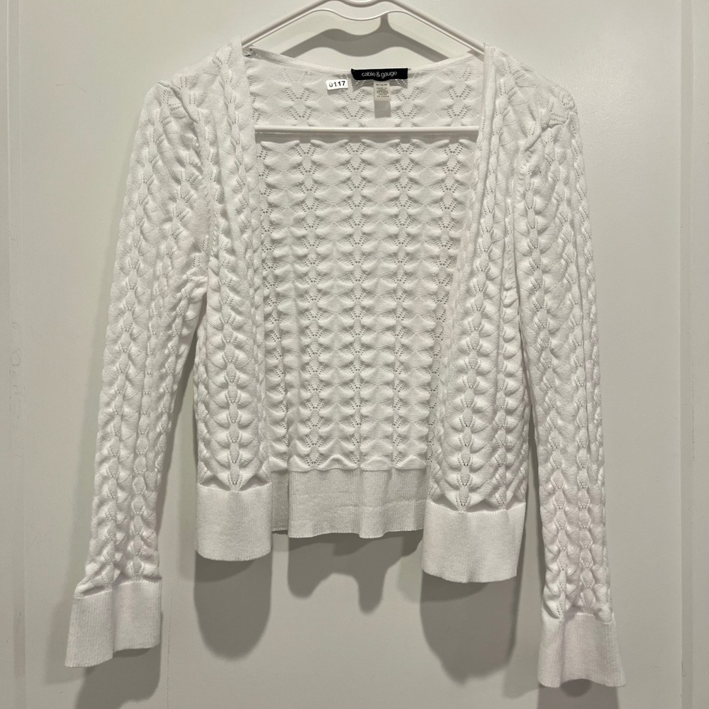 Cable & Gauge Womens White Textured Pointelle Open Front Cardigan Sweater Size M